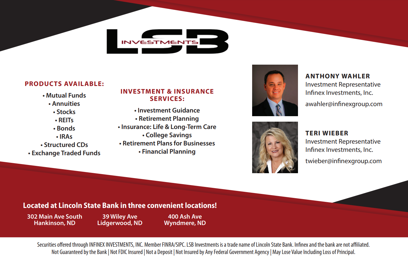 infographic providing information for Anthony Wahler and Teri Wieber who work for LSB Investments. It details the various products and services available, which include investment, insurance and wealth planning realted services.